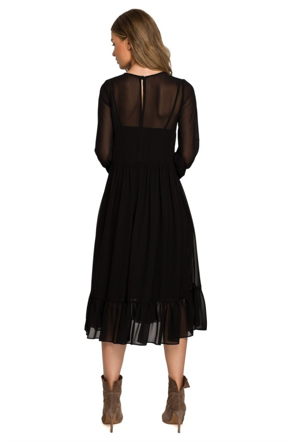 Sukienka wieczorowa szyfonowa rozkloszowana z falbanami czarna długa