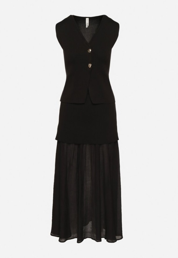 Czarny Elegancki Komplet z Kamizelką i Długą Spódnicą Wenelle