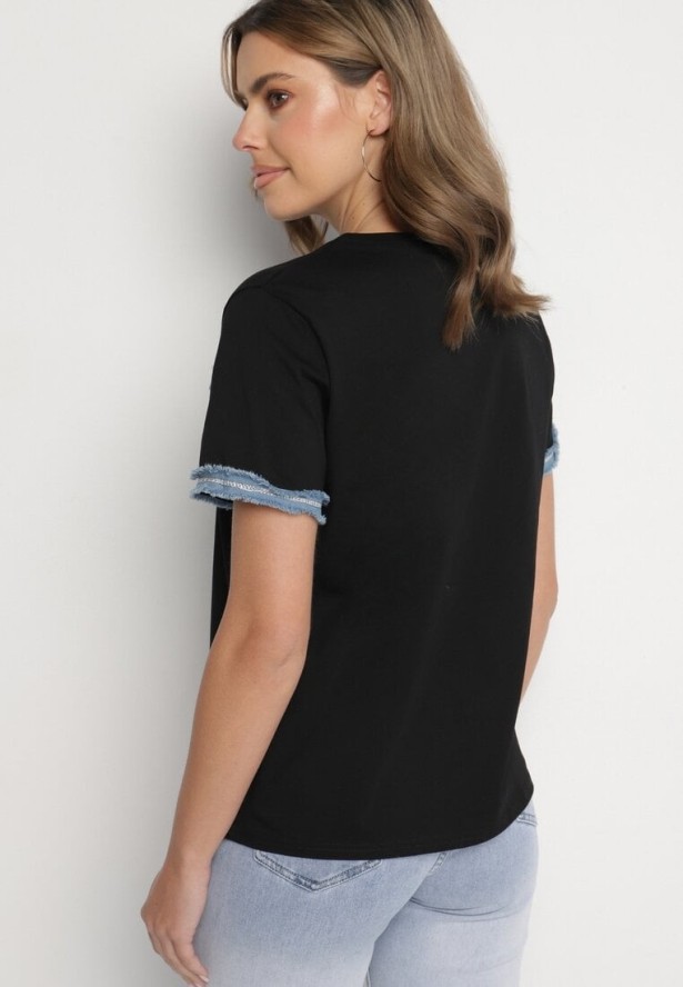 Czarna Bluzka Oversize z Bawełny z Krótkim Rękawem i Ozdobnymi Lamówkami Calnil