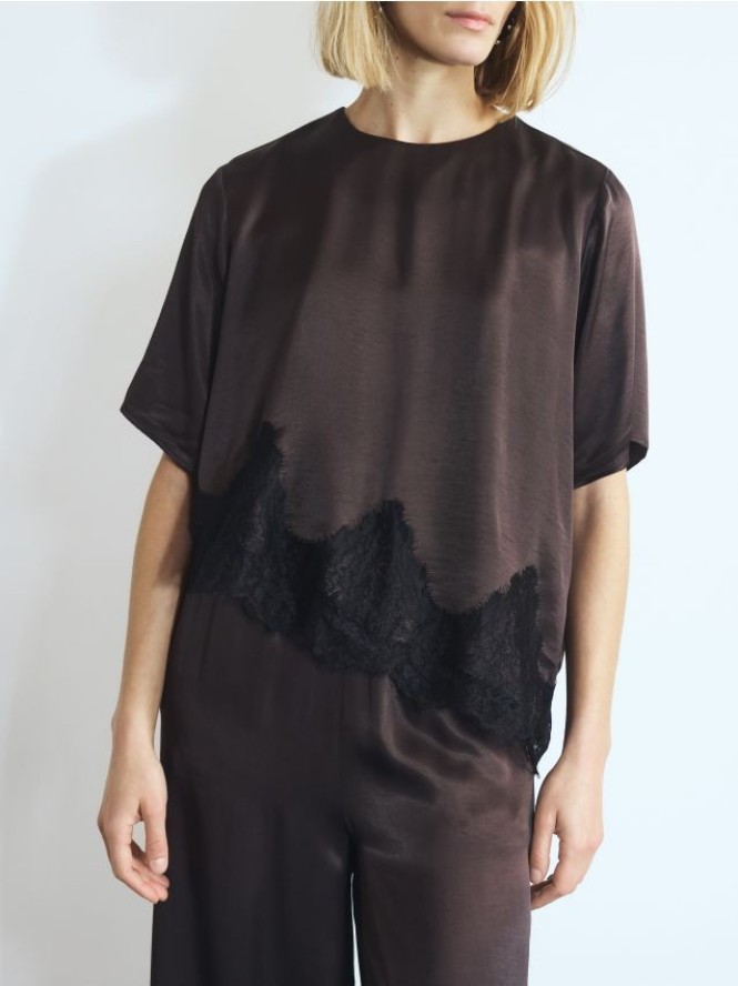 Asymetryczny top z koronką - ciemnobrązowy