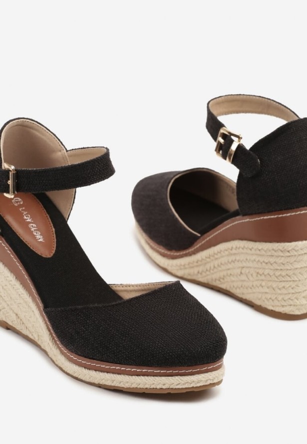 Czarne Sandały na Koturnie z Plecionką w Stylu Espadryli Alathria