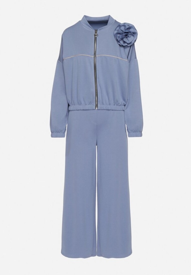 Niebieski Komplet Dresowy z Wiskozą Szerokie Spodnie i Bluza ze Stójką i Broszką Redasena