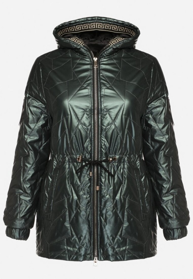 Ciemnozielona Kurtka Pikowana Parka z Nieodpinanym Kapturem Oferra