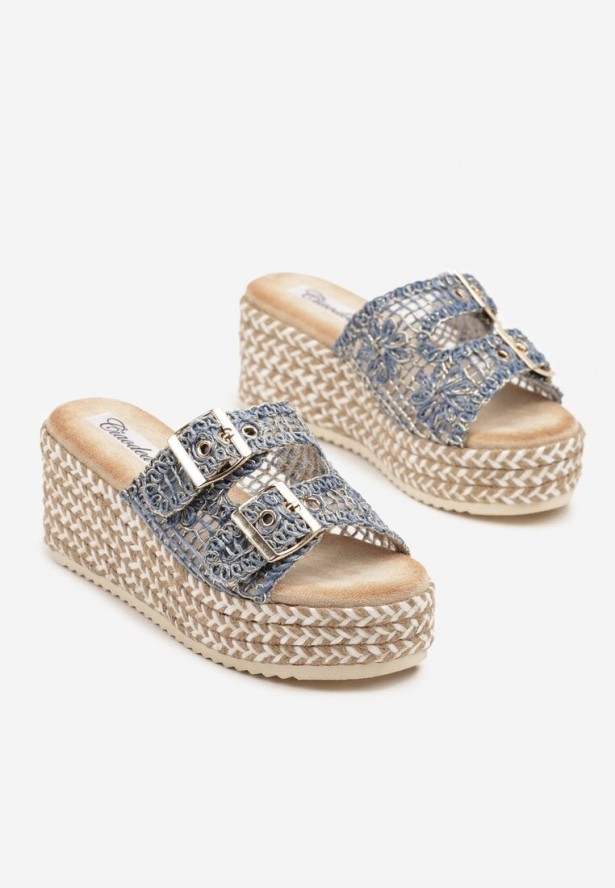 Niebieskie Tweedowe Klapki na Koturnie z Plecionką Desinora