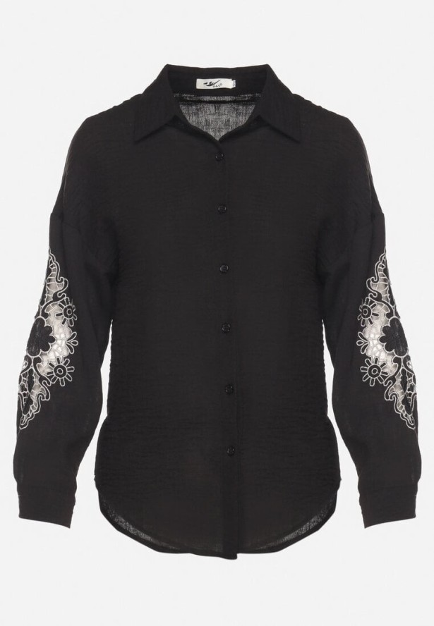 Czarna Koszula o Kroju Oversize Zdobiona Haftem na Rękawach Dovorea