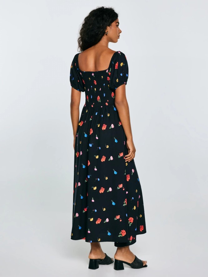 Sukienka damska midi z motywem kwiatowym czarna Roksi 906