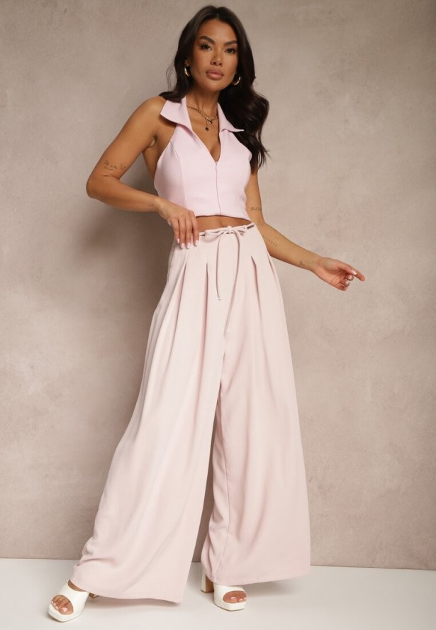 Różowe Szerokie Spodnie High Waist Zapinane na Suwak z Wiązaniem w Talii Vikonnia
