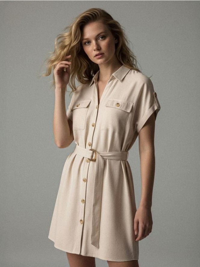 Koszulowa sukienka mini z wiskozą i domieszką lnu - kremowy