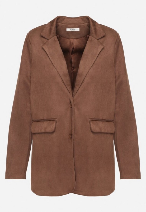 Brązowa Marynarka Oversize z Imitacji Zamszu o Pudełkowym Kroju Alonella
