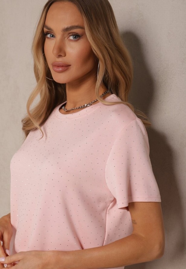 Różowy T-shirt z Wiskozą i Cyrkoniami Erritia