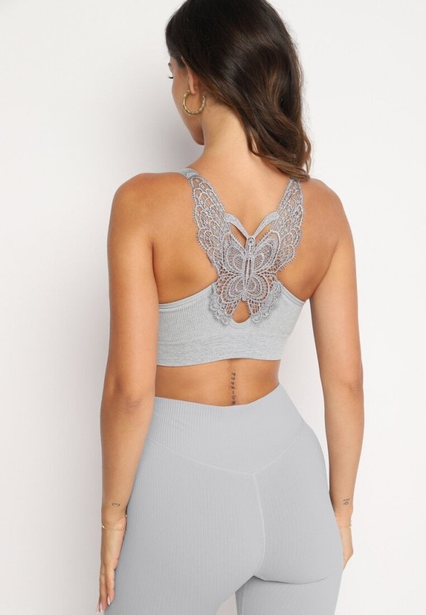 Szary Biustonosz Top Sportowy z Koronką Nevenael