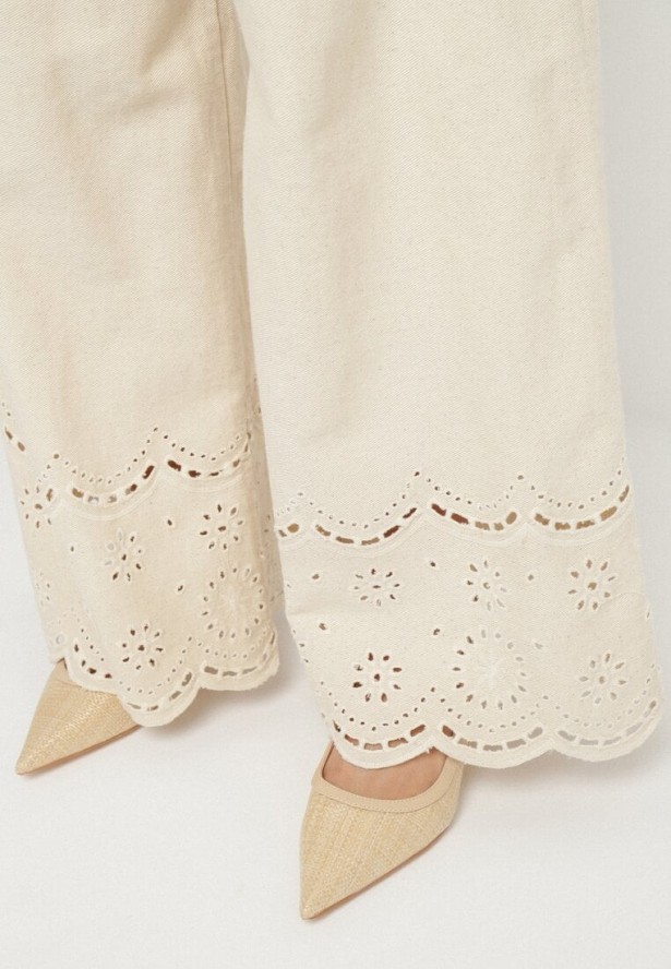 Beżowe Spodnie Szerokie z Bawełny Ozdobione Haftem z Paskiem Ulsemi