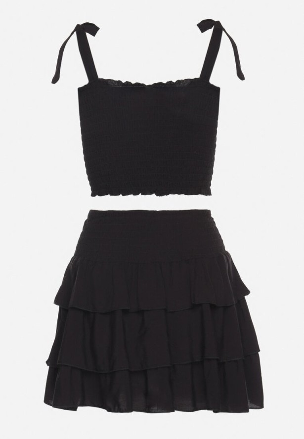 Czarny Bawełniany Komplet Top z Kokardami i Spódnica z Falbanami Saralva