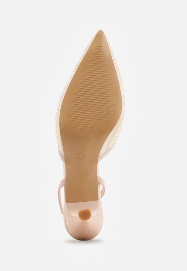 Beżowe Szpilki z Paskiem w Typie Slingback z Cholewką z Siateczki i Koralikami Carilriane