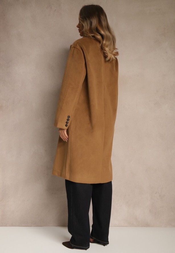 Brązowy Klasyczny Płaszcz Dwurzędowy z Kieszeniami Tereti