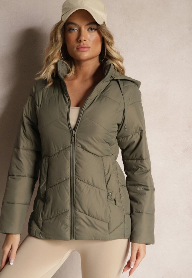 Ciemnozielona Kurtka Pikowana z Kapturem z Możliwością Odpięcia Felathra