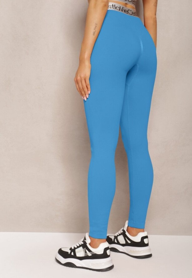 Niebieskie Sportowe Legginsy Elastyczne z Ozdobną Szeroką Gumą w Pasie Larnode