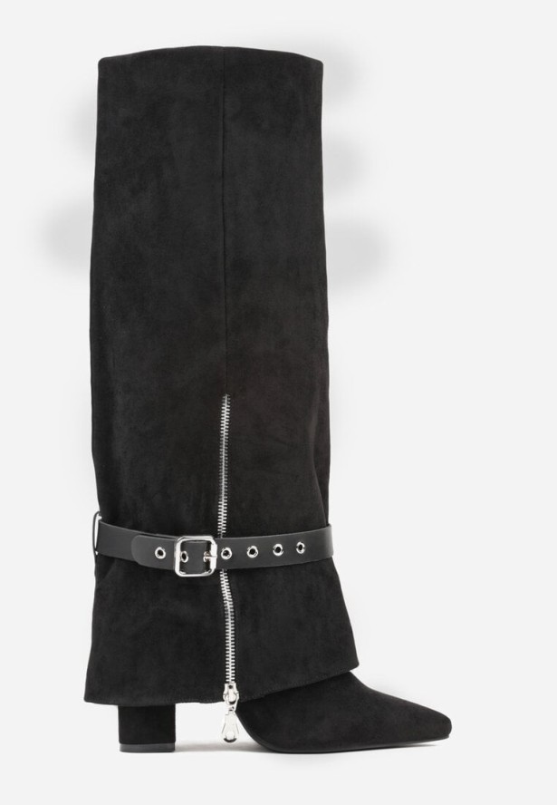 Czarne Kozaki na Obcasie Typu Kowbojki z Wywiniętą Cholewką i Paskiem z Klamrą Uninela