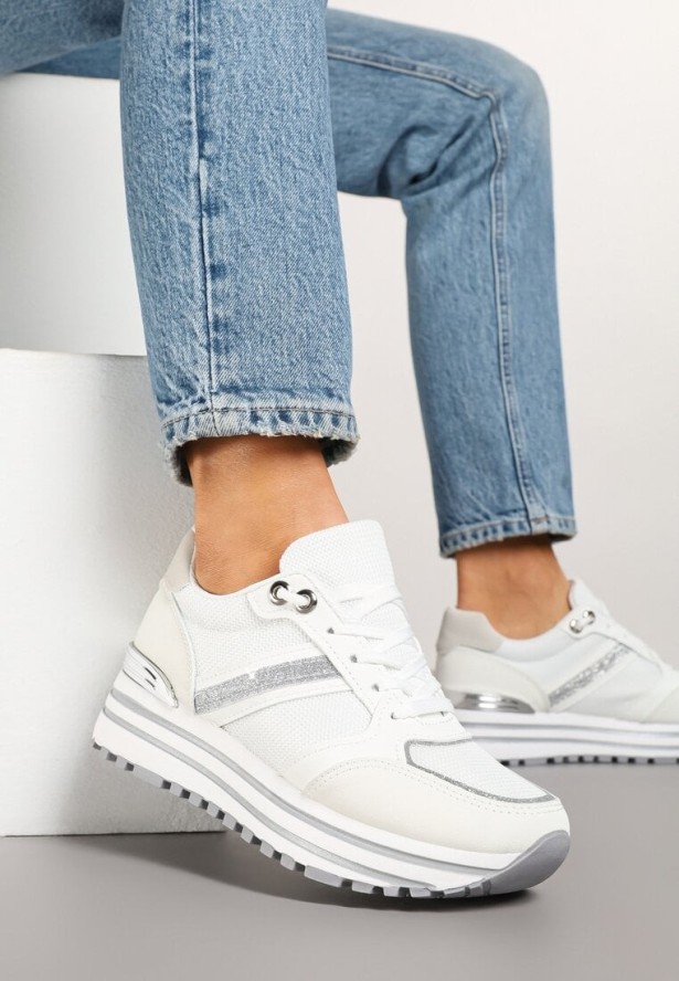 Białe Sneakersy na Grubej Podeszwie Zdobione Brokatem Elenina