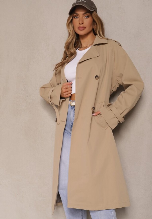 Ciemnobeżowy Dwurzędowy Płaszcz Typu Trencz z Pagonami i Paskiem w Talii Malwizia