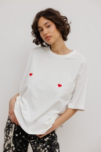 T-shirt z NADRUKIEM w kolorze ECRU - EAZY - HEARTS-S/M