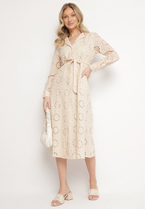 Beżowa Koszulowa Sukienka z Ażurowym Wzorem i Paskiem Tanithiea