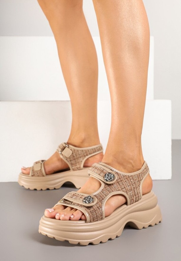 Ciemnobeżowe Sandały Tweedowe na Grubej Podeszwie Setania