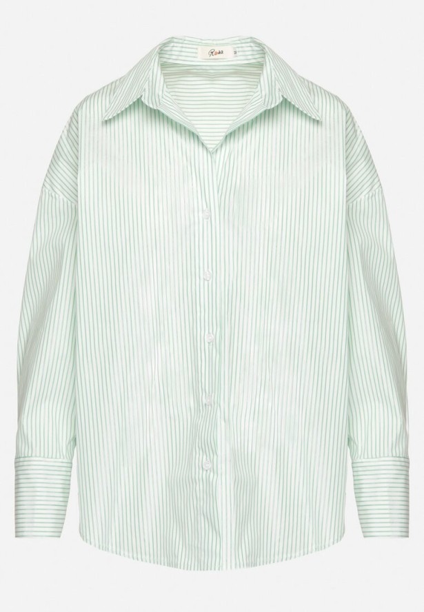 Zielona Bawełniana Koszula Oversize w Prążki Zdobiona Metaliczną Nicią Paserella