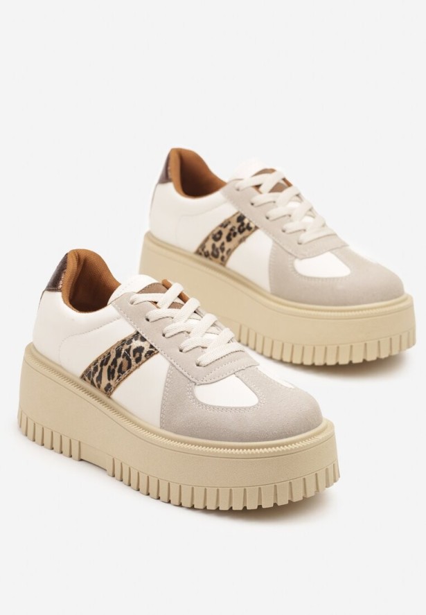 Beżowo-Panterkowe Sneakersy na Grubej Podeszwie z Ozdobnym Paskiem Viviriana