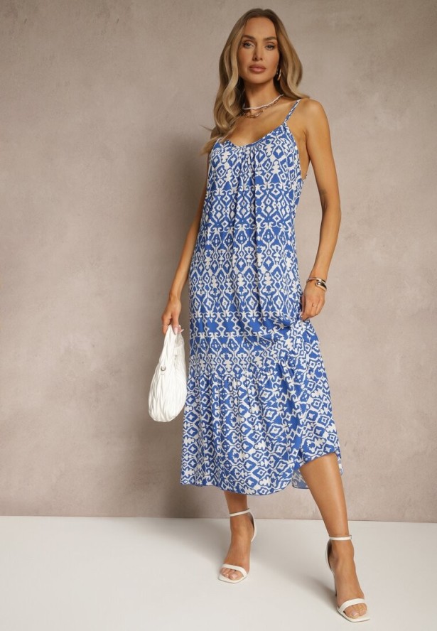 Niebieska Bawełniana Sukienka w Geometryczny Wzór Koloniela