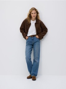 Jeansy straight z wysokim stanem - niebieski