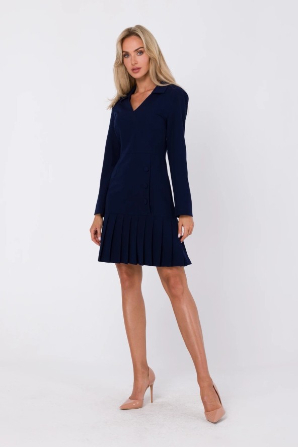 Elegancka sukienka z dekoltem V i kontrafałdami granatowa