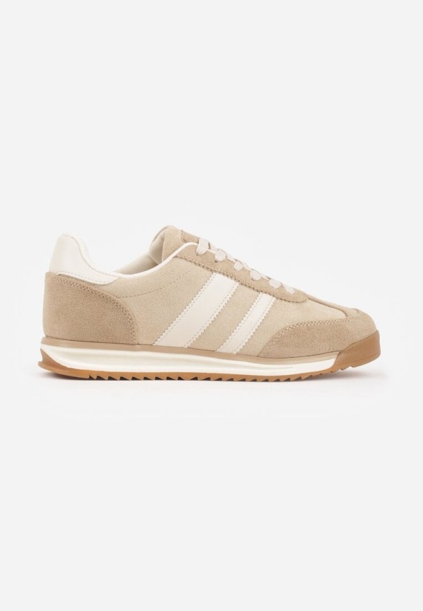 Beżowe Sneakersy Ozdobione z Boku Paskami Ariene
