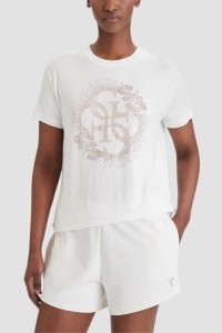 GUESS Biały damski t-shirt na krótki rękaw z cyrkoniami Corinne, Rozmiar M