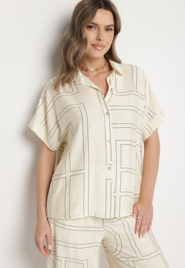 Jasnobeżowy Komplet z Lnem i Wiskozą Koszula i Spodnie w Geometryczny Wzór Fevoline