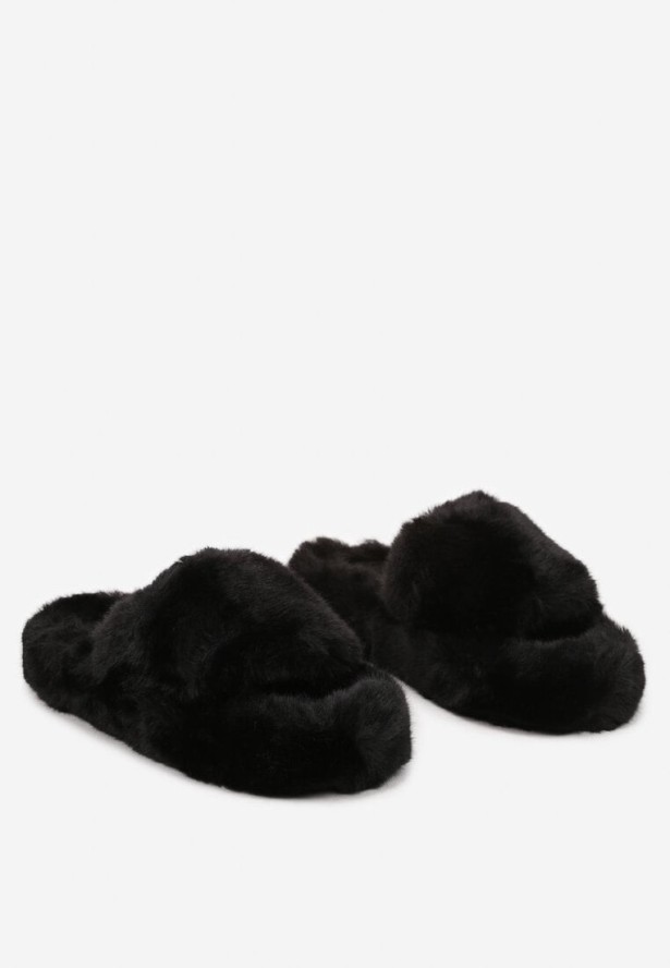 Czarne Płaskie Kapcie Ozdobione Futerkiem Narinae