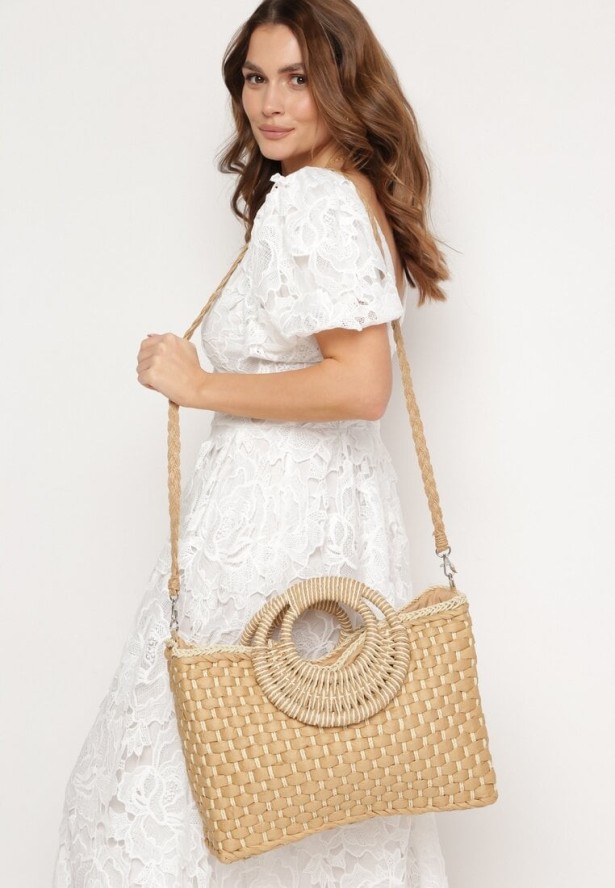 Beżowa Pleciona Torebka z Rączkami i Paskiem na Ramię Asax