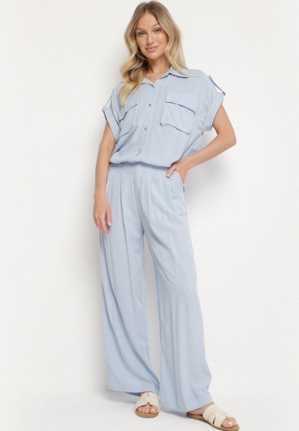 Niebieski Wiskozowy Komplet Koszula z Ozdobnymi Kieszeniami i Spodnie Rinesella