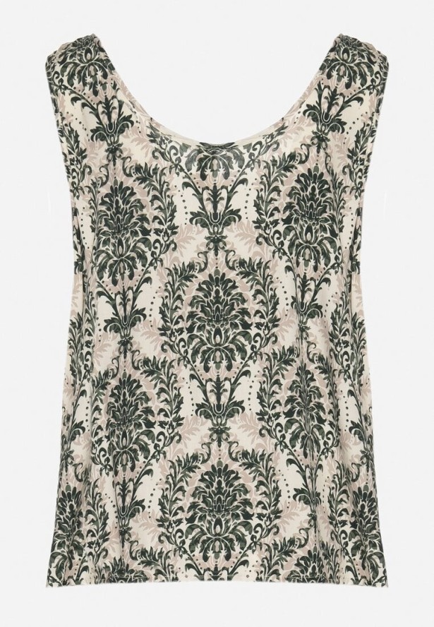 Zielono-Beżowa Bluzka z Bawełny ze Wzorem Boho Napolea