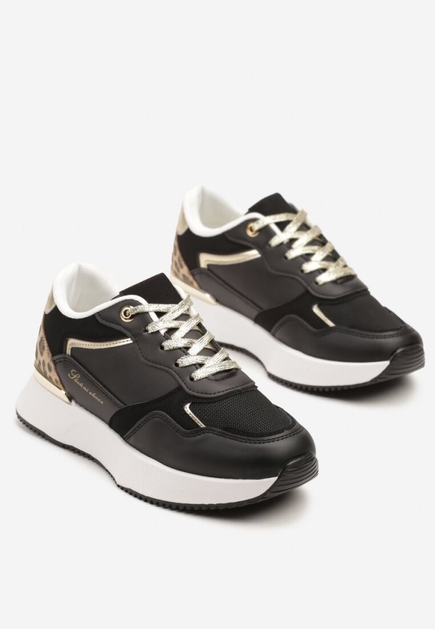 Czarne Sneakersy z Panterką i Napisem Raccaria