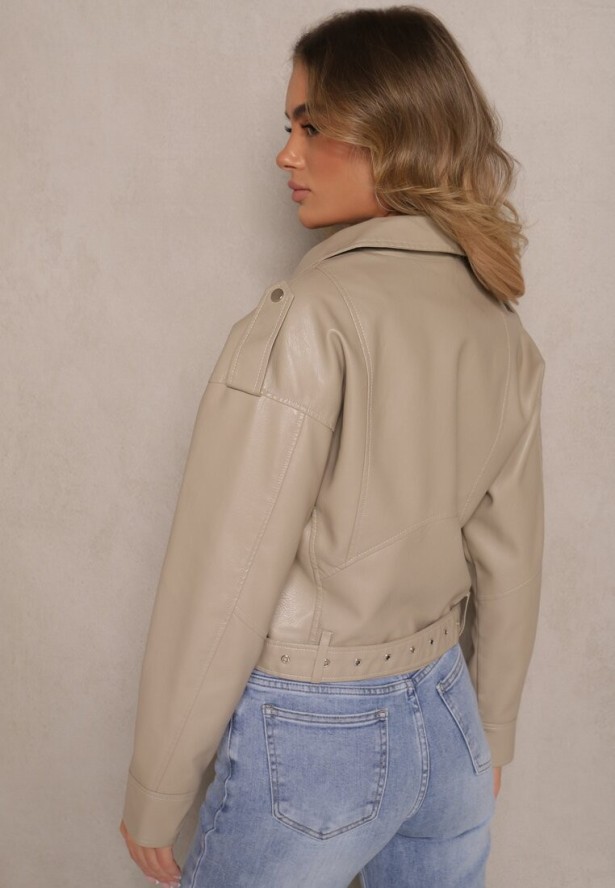 Beżowa Klasyczna Kurtka o Fasonie Ramoneski Sesanovia