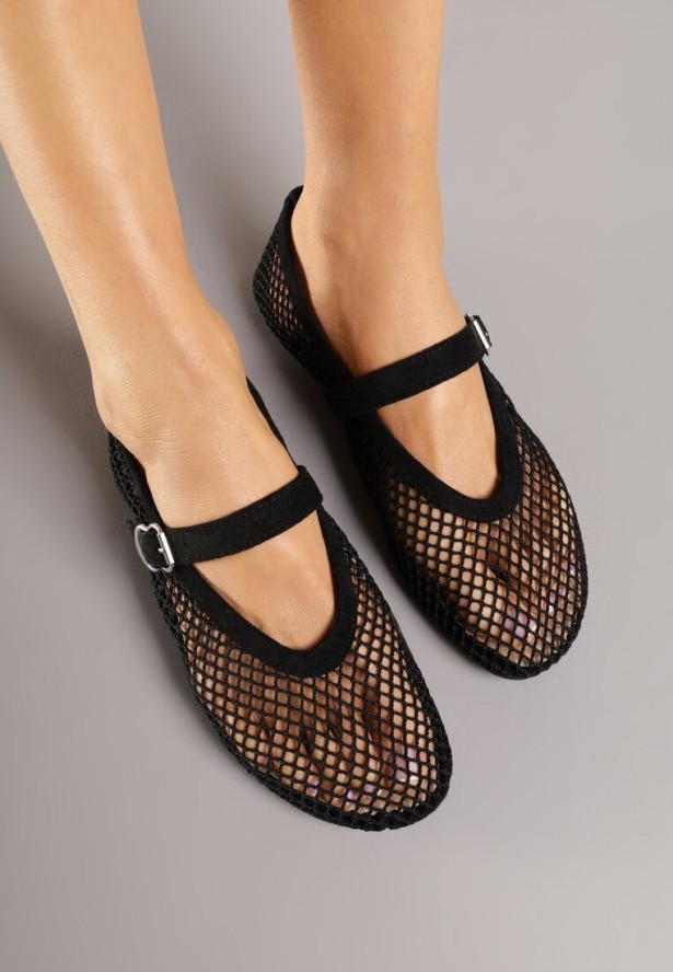 Czarne Siateczkowe Balerinki z Paskiem Appletwinkle