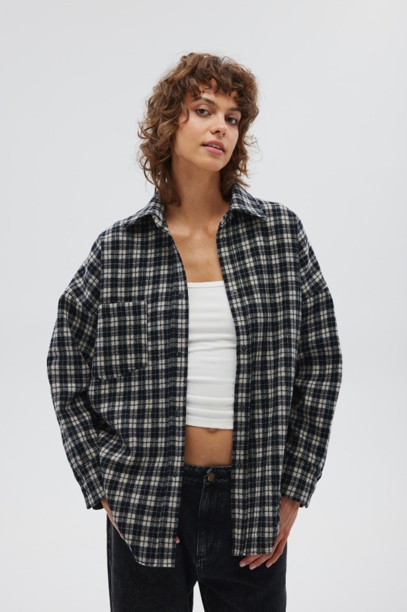 Wełniana koszula z HAFTEM, w kratę CZARNO KREMOWĄ - RENO