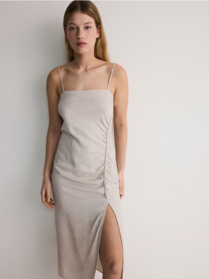 Sukienka midi z wiskozą i lnem - beżowy
