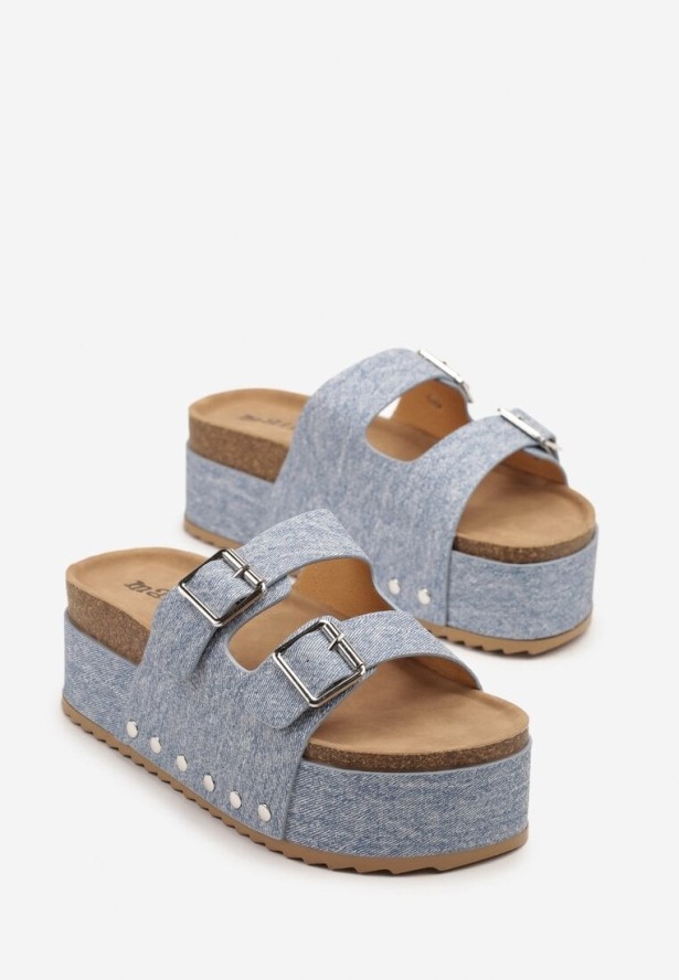 Niebieskie Klapki na Grubej Podeszwie z Dwoma Klamrami Filenora