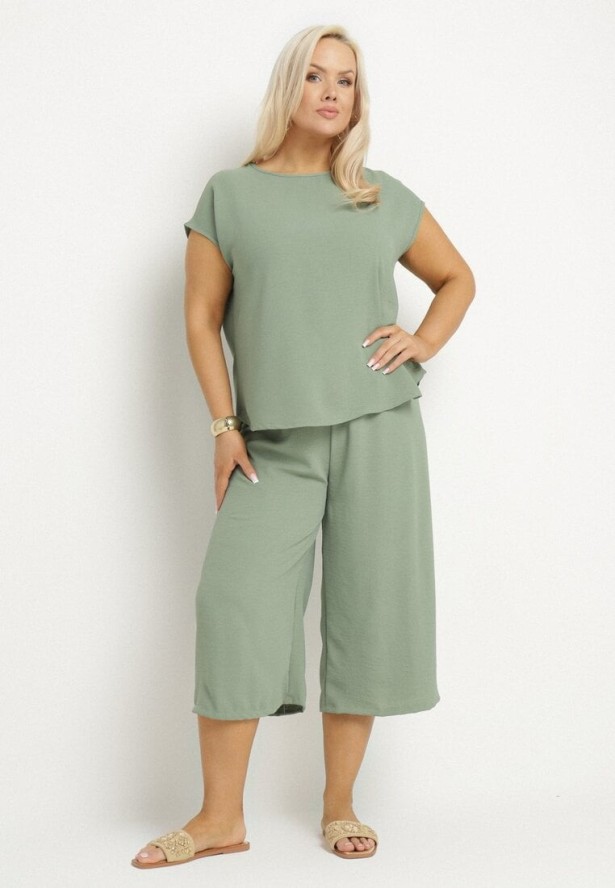 Jasnozielony Komplet Bluzka i Szerokie Spodnie Jenoretia