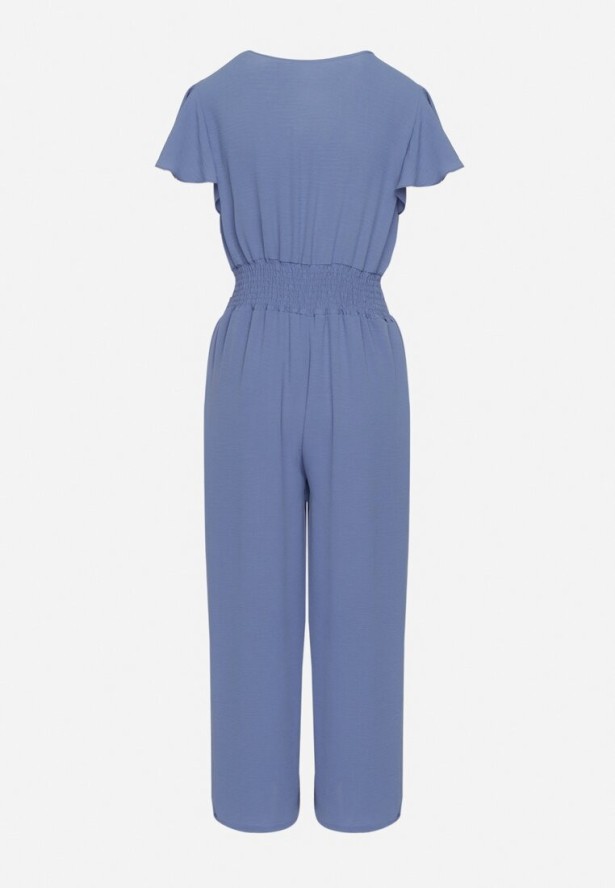 Niebieski Kombinezon z Kopertowym Dekoltem i Szeroką Gumką w Pasie Evimevi