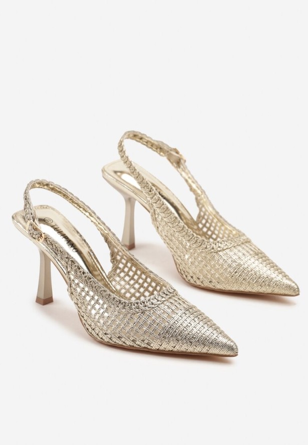 Złote Sandały Szpilki Bez Pięty z Plecioną Cholewką Merovaria