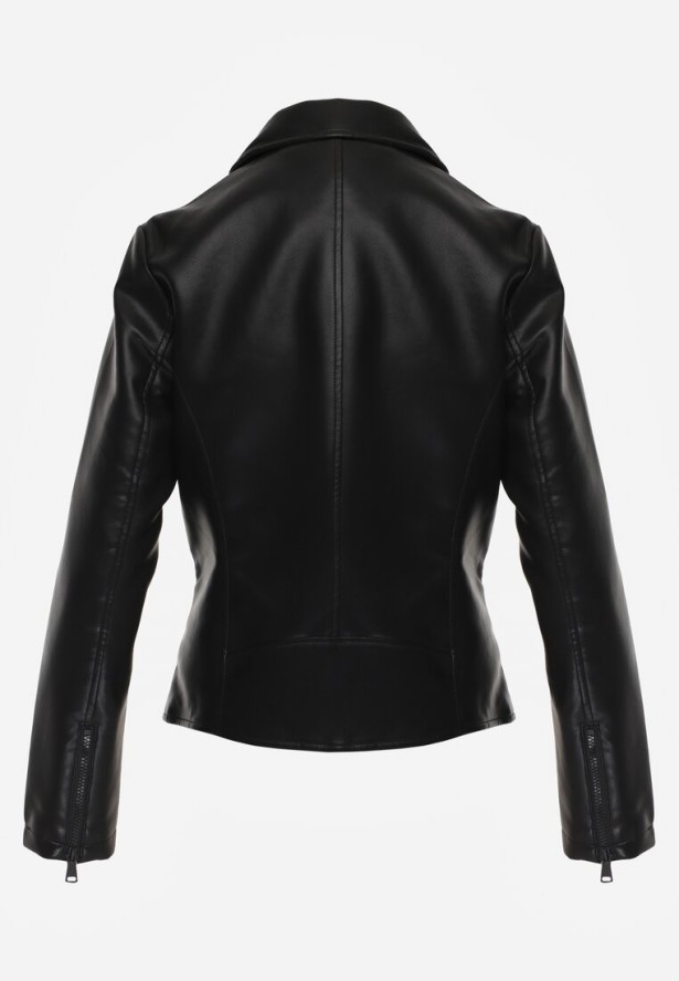 Czarna Taliowana Kurtka Ramoneska z Suwakami na Mankietach Leanelora