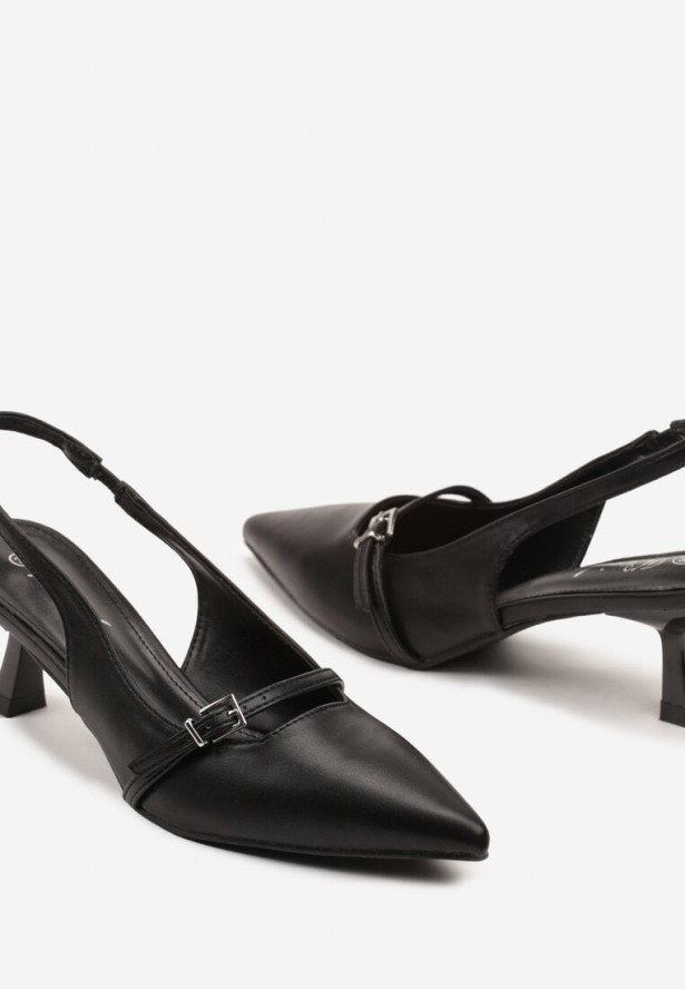 Czarne Sandały na Obcasie Kaczuszce Bez Pięty Ozdobione Klamrą Eleadith